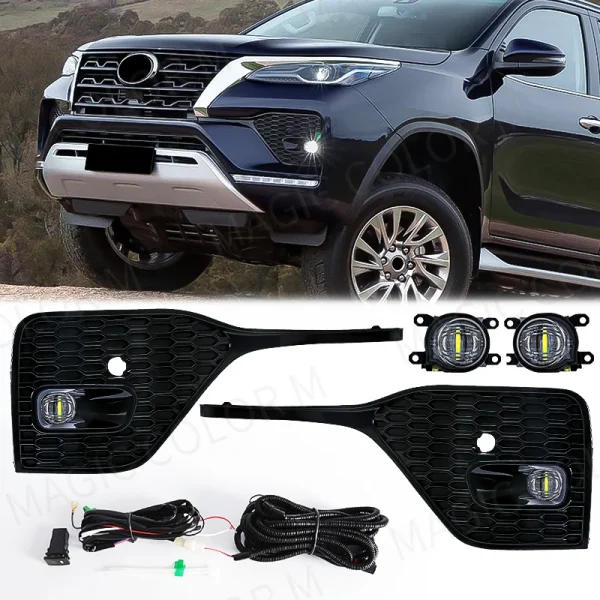 Conjunto de luces antiniebla para coche Toyota Fortuner 2020 2021, lámpara antiniebla delantera LED blanca, cubierta impermeable, bisel de parrilla, 12V, accesorios para automóviles