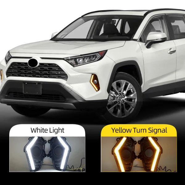 Luz LED de circulación diurna para Toyota RAV4 2019 2020 2021 2022, luz de señal de giro amarilla DRL blanca con orificio para lámpara antiniebla, 2 piezas - Imagen 2