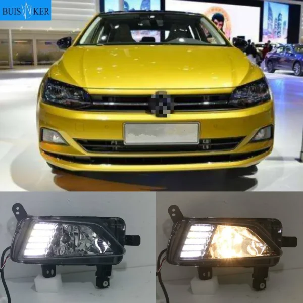 Luz LED diurna DRL para Volkswagen Polo  2018 - 2019, lámpara antiniebla secuencial con función de señal de giro amarilla, 12V, Neblineros LED 1 par