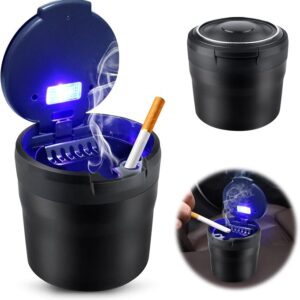 Cenicero de Coche con Luz LED Azul, Cenicero Portatil con Tapa Bandeja de ceniza de Coche