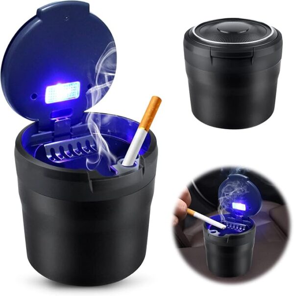 Cenicero de Coche con Luz LED Azul, Cenicero Portatil con Tapa Bandeja de ceniza de Coche