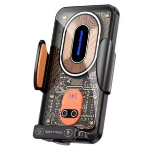 Soporte universal transparente para teléfono de vehículo, cargador inalámbrico rápido, estilo punk, con clips y placas de carga con ventosa.