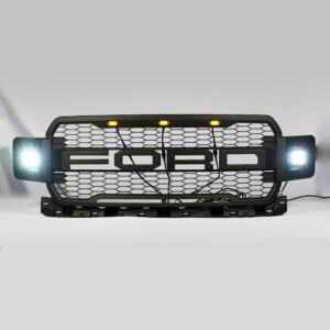 Mascarilla Plástica Rejilla Delantera Gris Oscura con 3 Focos LED Ambar Puntas Azul para Ford F150 2018 2019 2020