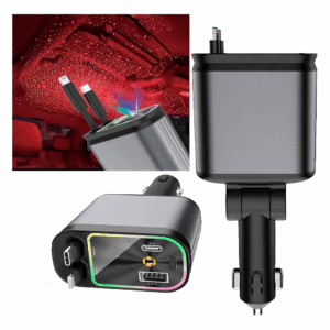 Cargador retráctil 4 en 1 para auto luz de estrellas en el techo del coche, cargador rápido de teléfono para automóvil con función de noche estrellada, adaptador de carro con cables retráctiles