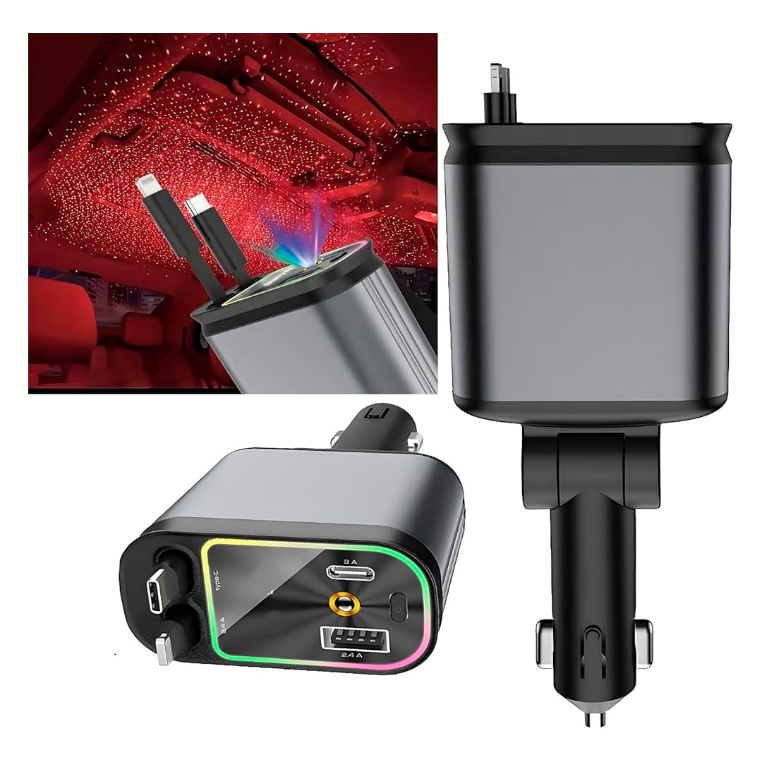 Cargador retráctil 4 en 1 para auto luz de estrellas en el techo del coche, cargador rápido de teléfono para automóvil con función de noche estrellada, adaptador de carro con cables retráctiles
