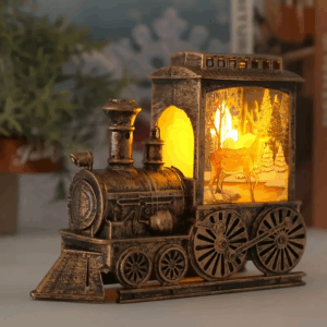 Iluminación nocturna de tren navideño 3D - Diseño festivo de nieve, renos y árbol de Navidad con brillo amarillo cálido, adorno de plástico alimentado por batería para el hogar o la oficina, perfecto para decoraciones navideñas, decoraciones de Navidad.