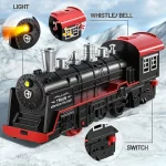 Juego de pista de tren eléctrico vintage para jóvenes Juguetes de Navidad - Locomotora clásica a vapor con luces y sonidos, color rojo y negro, resina ABS, ideal para juegos imaginativos, juguete de tren